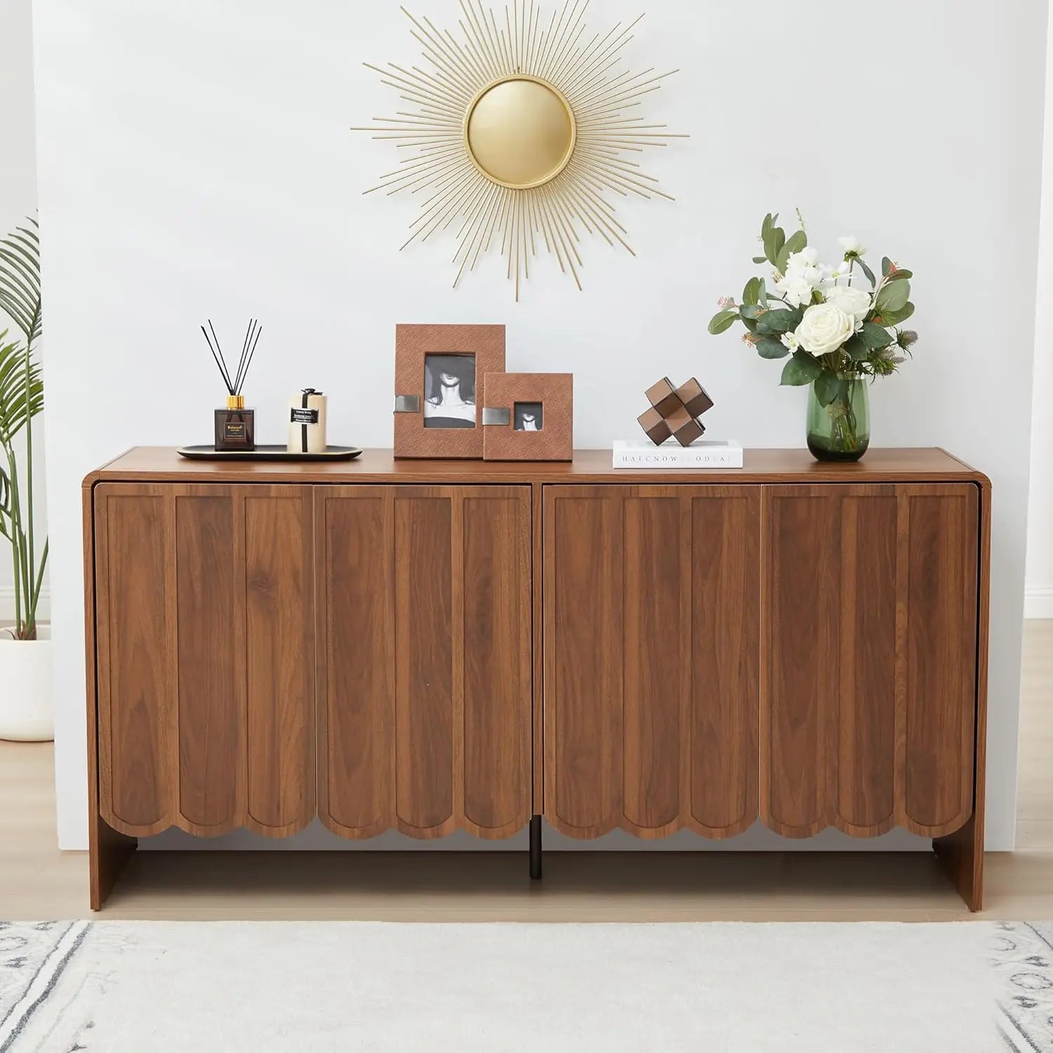 Farmhouse Sideboard Buffet Cabinet, 4-Door Storage with Adjustable Shelves, Walnut Wood, Wave Panel Design for Living Room, Dini