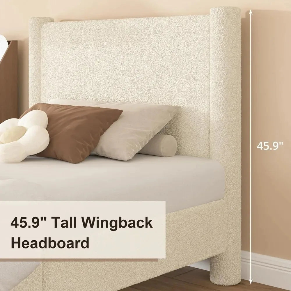 Twin Size Bouclé Upholstered Platform Bed Frame with Headboard & Footboard – Soft Rounded Corners