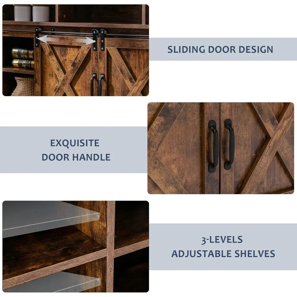 Farmhouse Coffee Bar Cabinet – Rustic Buffet Cabinet with Sliding Barn Door & Power Outlets