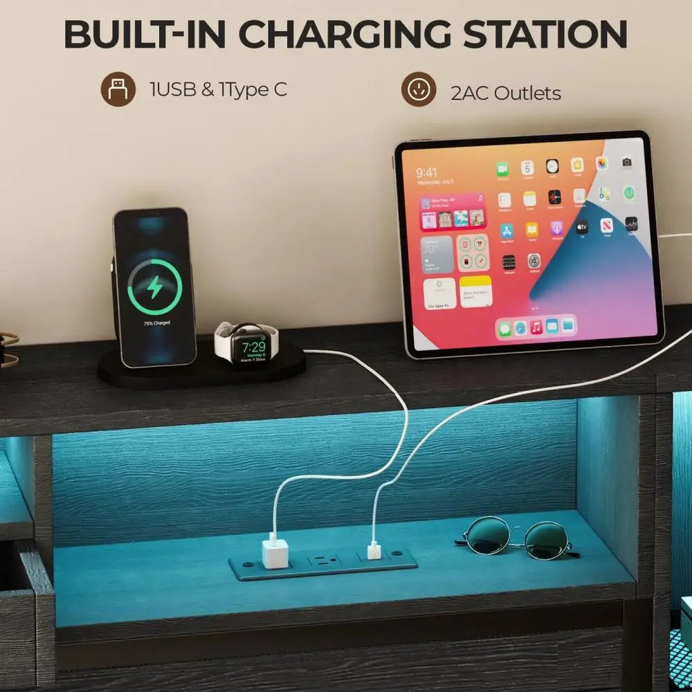 Queen Size Black Farmhouse Bed Frame – Bookcase Headboard with Storage, LED Lights & Charging Station