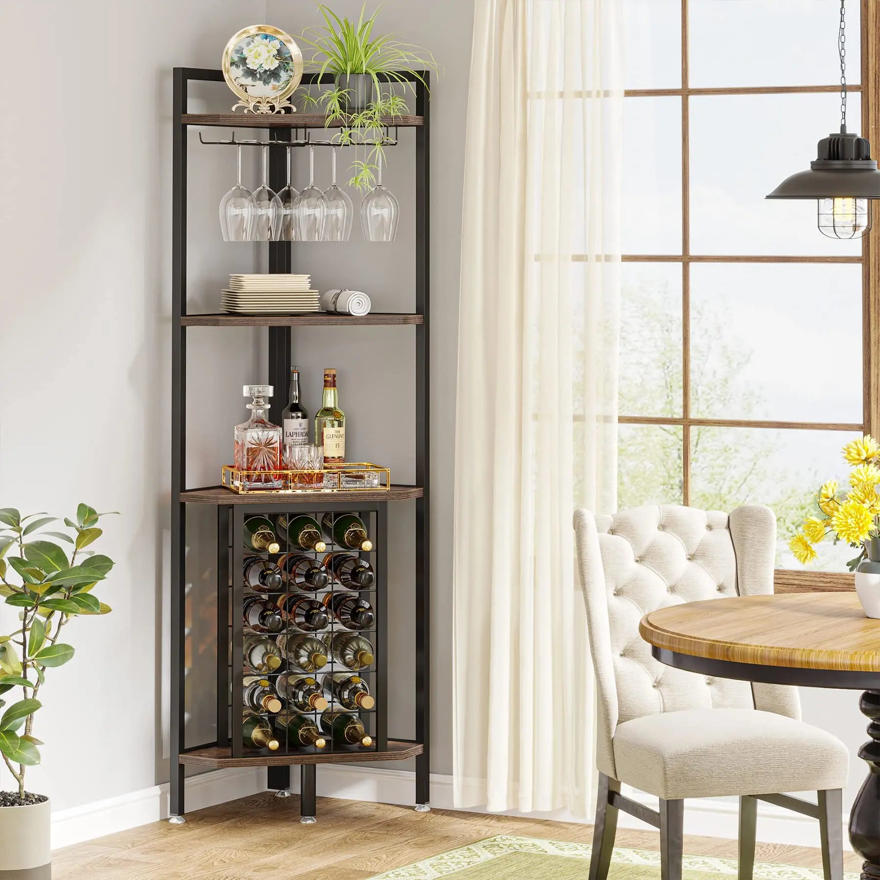 Tribesigns Wine Rack Bar Cabinet – 4-Tier Corner Shelf with Glass Holder