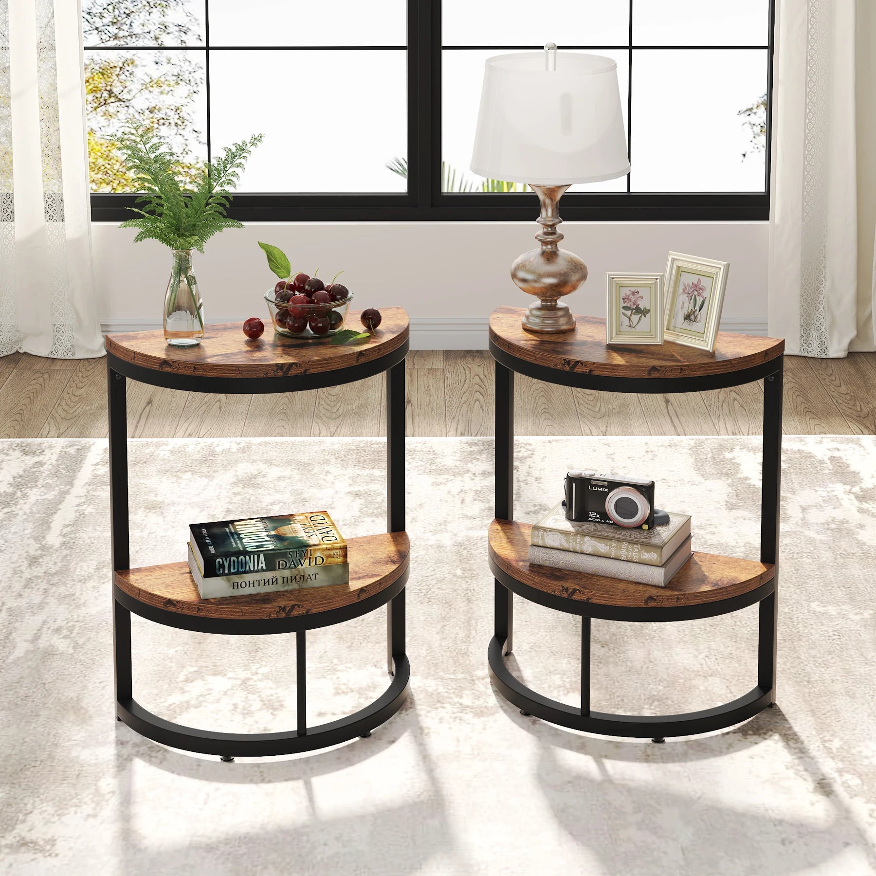 Tribesigns End Table Semi Circle, Small Half Round Side Table with Storage Shelf, Accent Table Slim C Table for Sofa Couch