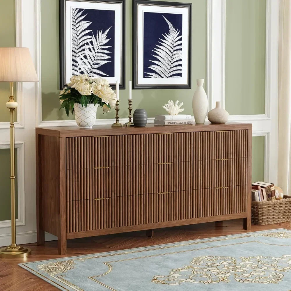 Storage Organizer Dresser with Solid Natural Wood Legs, Modern Large Chest, TV Stand, Mid Century Modern, 9 Drawers