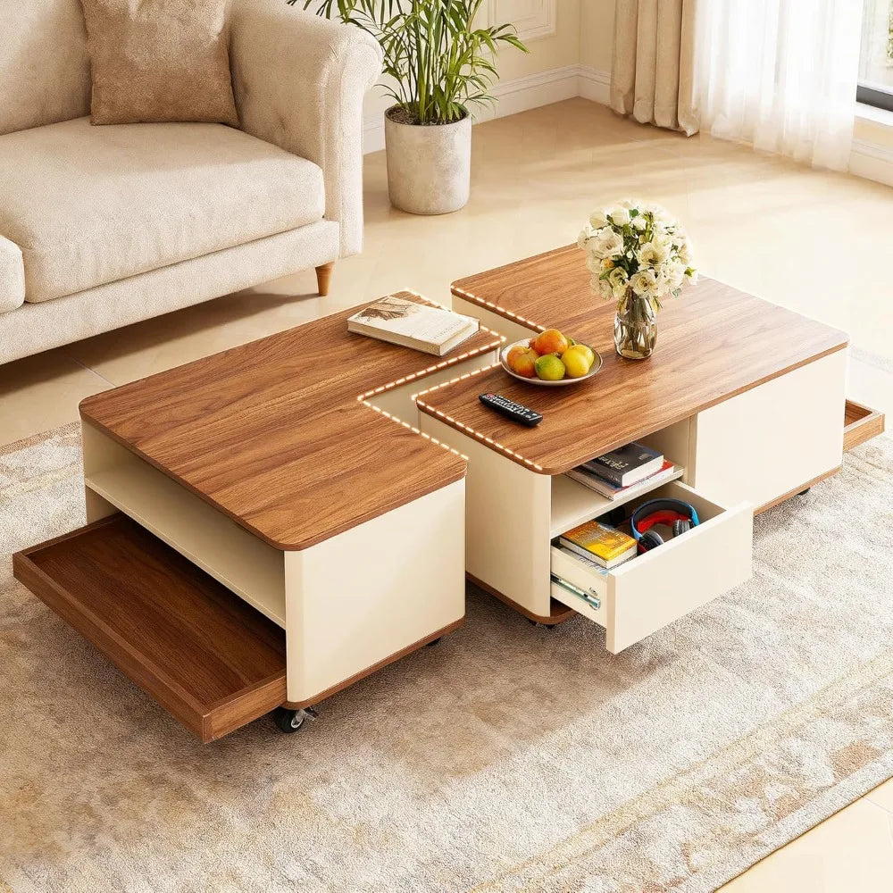 Farmhouse Convertible Coffee Table with Wheels & Storage – Large Wooden Center Table