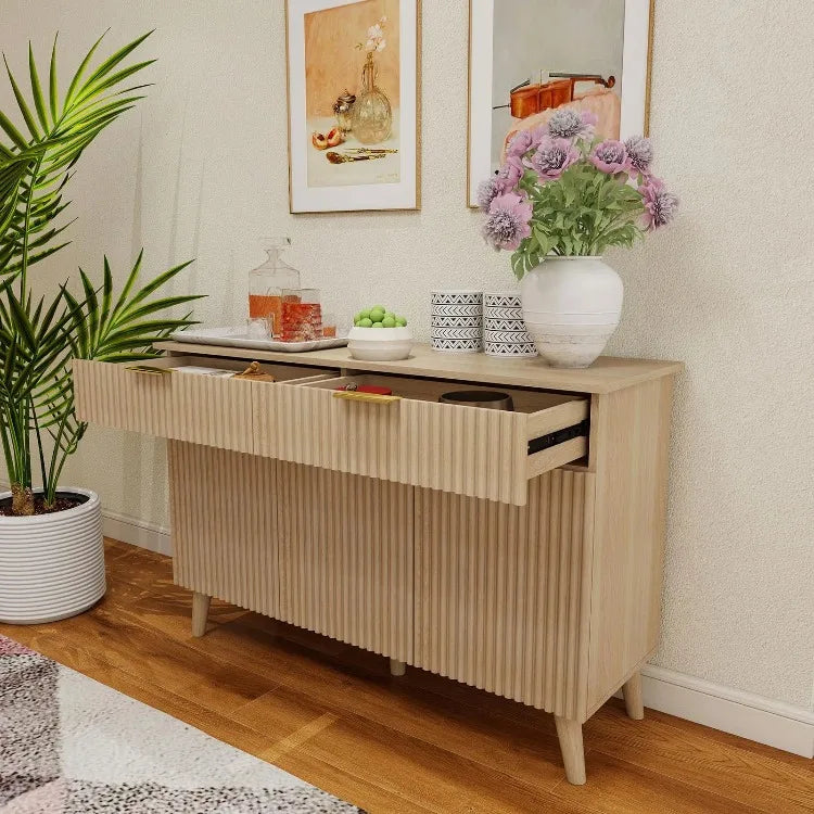 Large Coffee Bar Fluted Sideboard Buffet Cabinet Storage 2 Drawers Large Sideboard Cabinet Storages Geometric Pattern Furniture