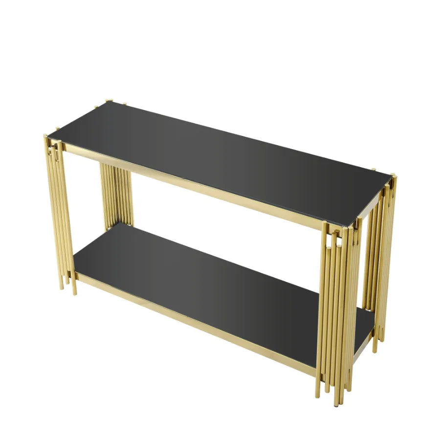 Modern Glass Console Table 55 Gold Sofa Table with Sturdy Metal Frame and Black Tempered Glass Top for Living Room Entryway Bed