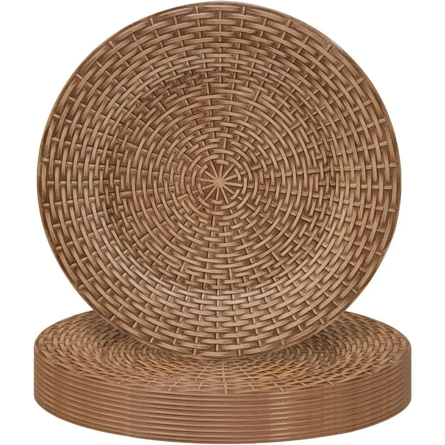 Faux Rattan Charger Plates – Set of 12, 13″ Round Brown Table Chargers
