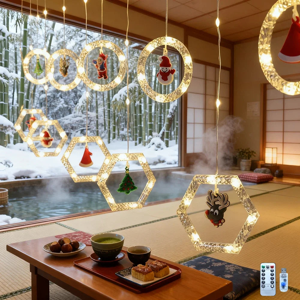 1pc Christmas Window Lights, LED Christmas Window Curtain Lighted with 8 Modes Battery-powered and Remote Control