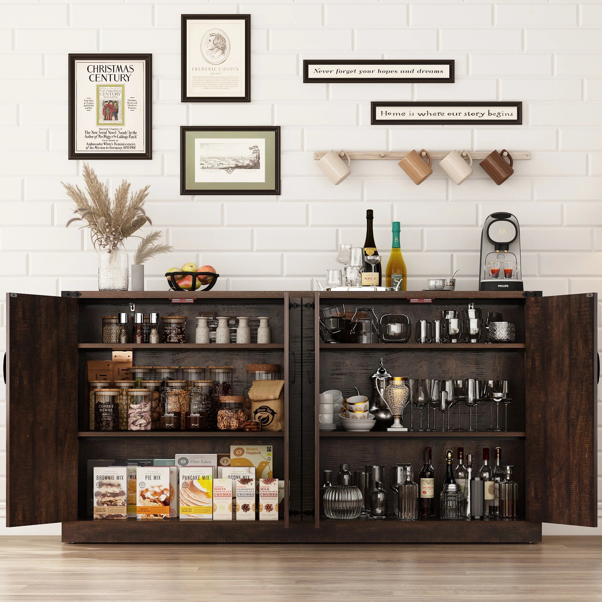 Buffet Cabinet Coffee Bar Cabinet with Drawers & Doors Farmhouse Kitchen Buffet Sideboard Cabinet for Living Room Kitchen