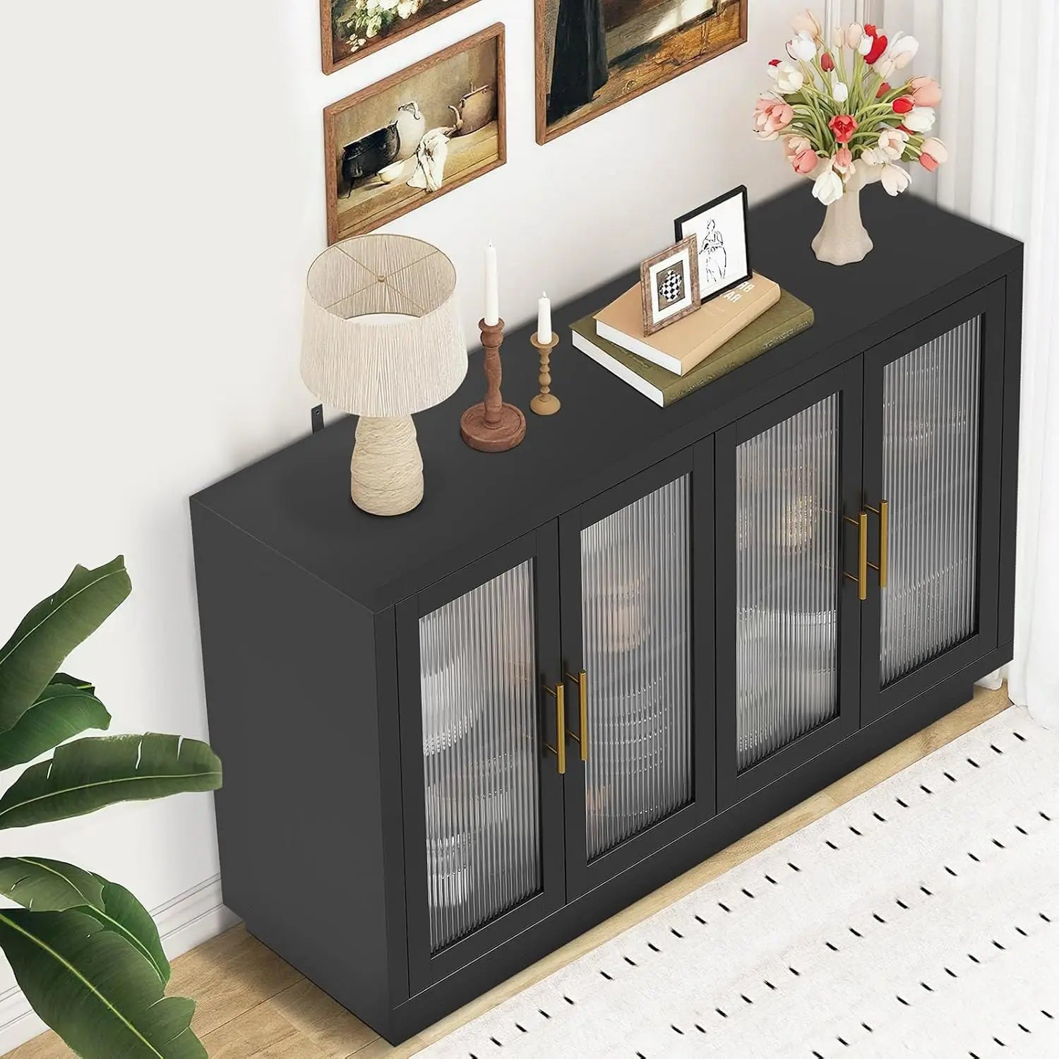 Buffet Cabinet with Storage 55.1" Large Wood Cabinet with 4 Fluted Glass Doors Black Modern Storage Cabinets for Dinning Room