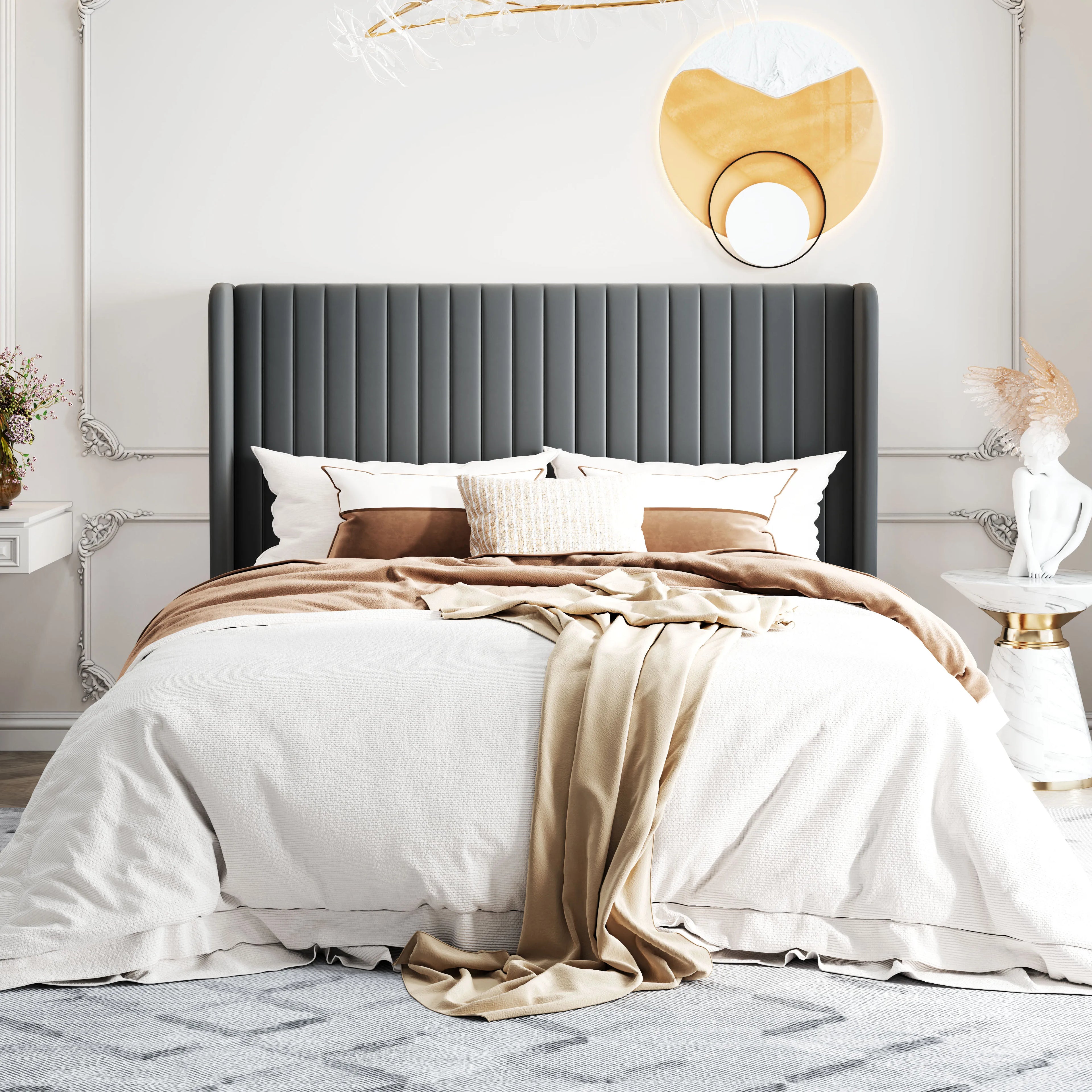 Velvet Upholstered Bed Frame – Vertical Channel Tufted Wingback Headboard