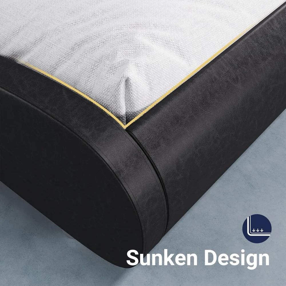 Upholstered Queen Size Platform Bed Frame – Modern Low Profile Sleigh Bed with Adjustable Faux Leather Headboard