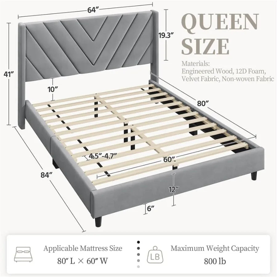 Light Gray Queen Upholstered Platform Bed Frame – Wing Side Tufted Headboard