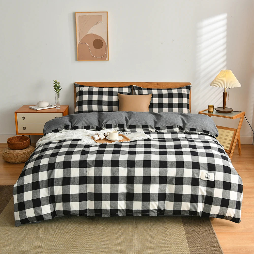Cotton Duvet Cover Set – Japanese Grid Style (King Size, 220×240)