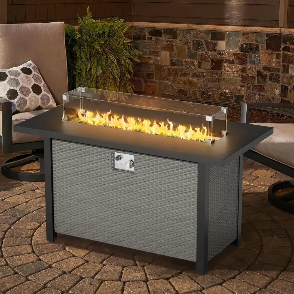 45 Outdoor Propane Gas Fire Pit Table, 50000 BTU Rectangle Rattan Propane Fire Table for Garden, Backyard, Deck Patio