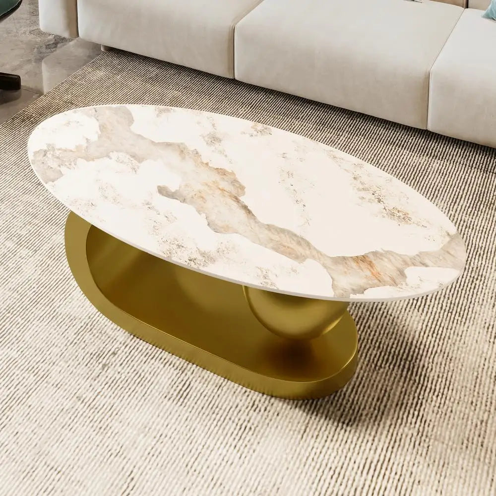 Modern Oval Sintered Stone Coffee Table with White Marble Pattern & Gold Stainless Steel Base – 47.2”