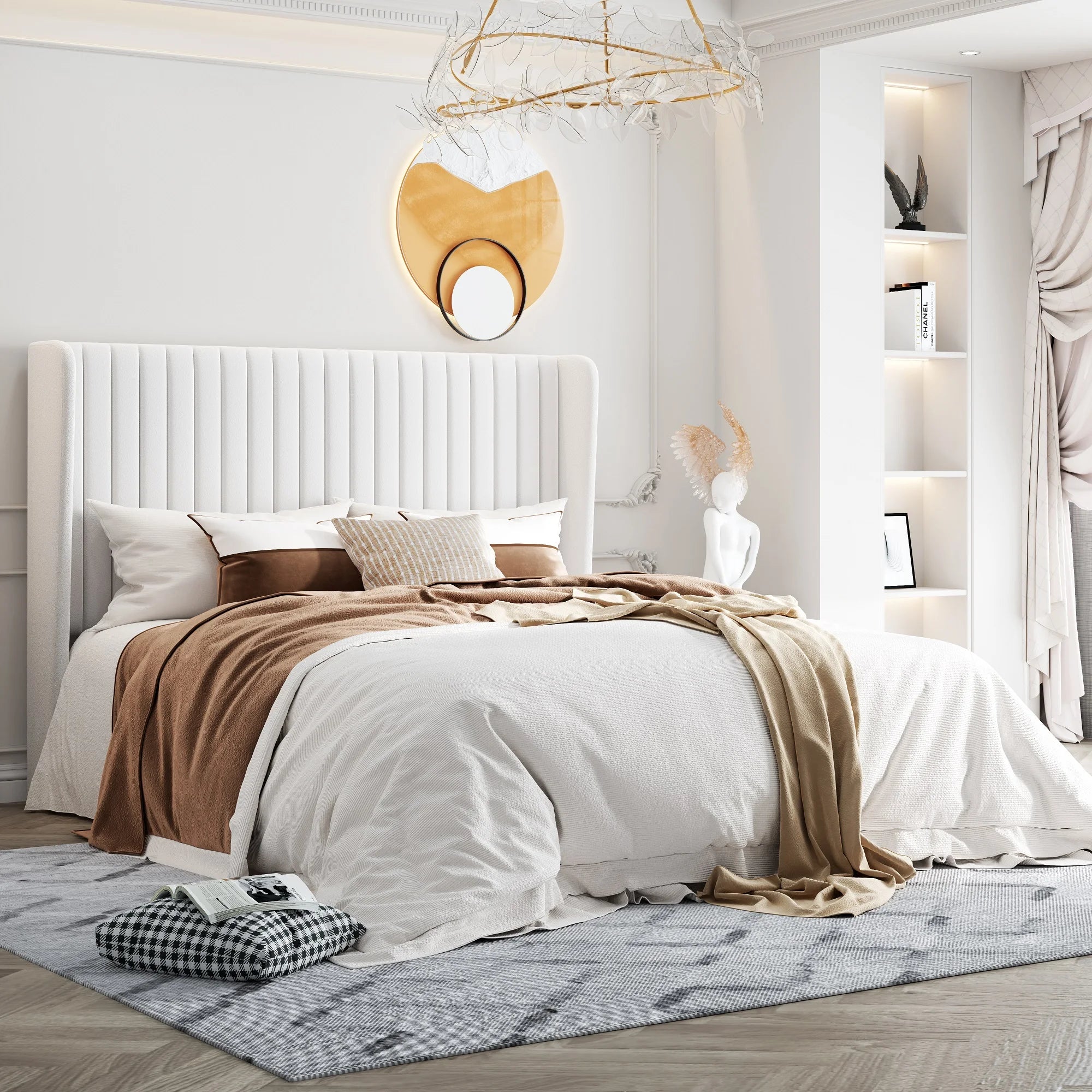 Velvet Upholstered Bed Frame – Vertical Channel Tufted Wingback Headboard