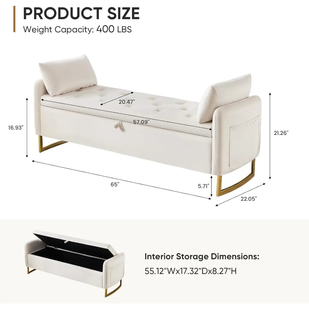 King Size Storage Ottoman Bench – Tufted Upholstery with Gold Legs