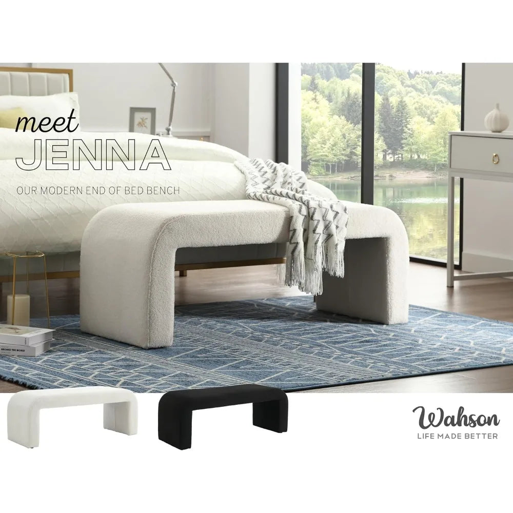 White Modern Bouclé Bench – Rectangular Sherpa Upholstered Ottoman