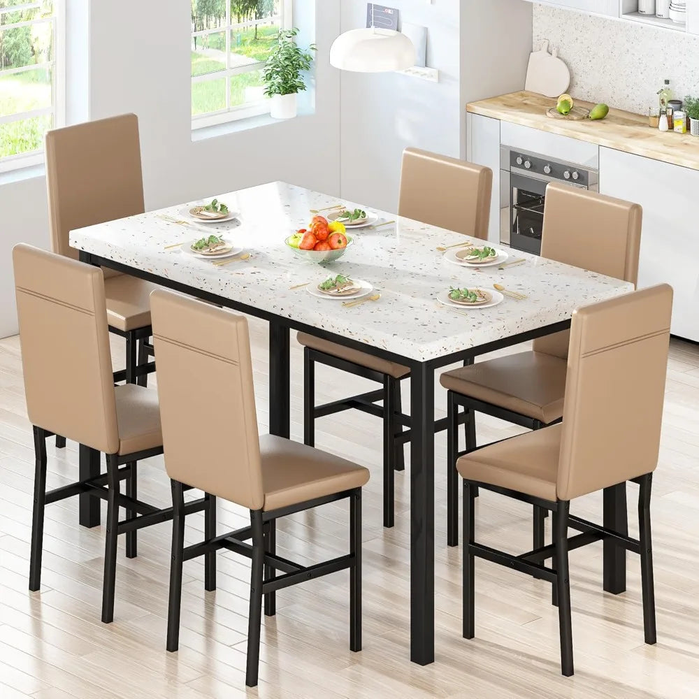 Dining Table Set for 6,Faux Marble Dining Room Table with 6 PU Leather Chairs, 7-Piece Kitchen Table and Chairs Set for Small S