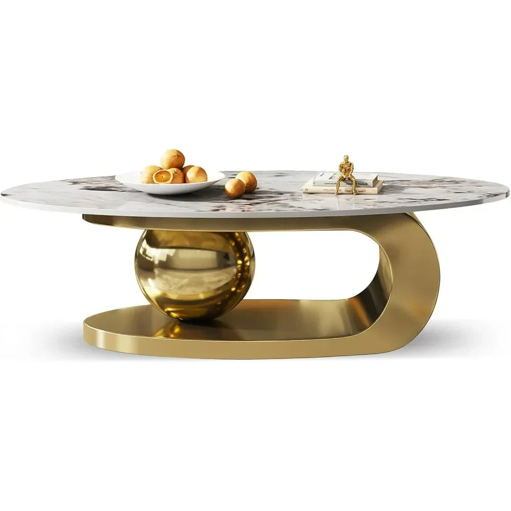 Modern Oval Stone Coffee Table – Abstract Gold Metal Base Center Table