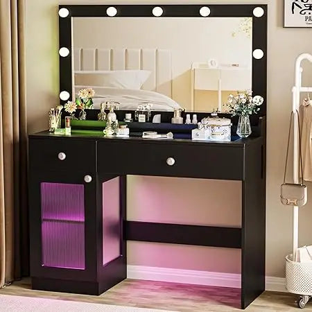 Black Vanity Desk with Mirror and Lights, 39.4'' Glass Top Makeup Vanity with RGB Cabinet Drawers Power Outlet 3 Color Light Mod
