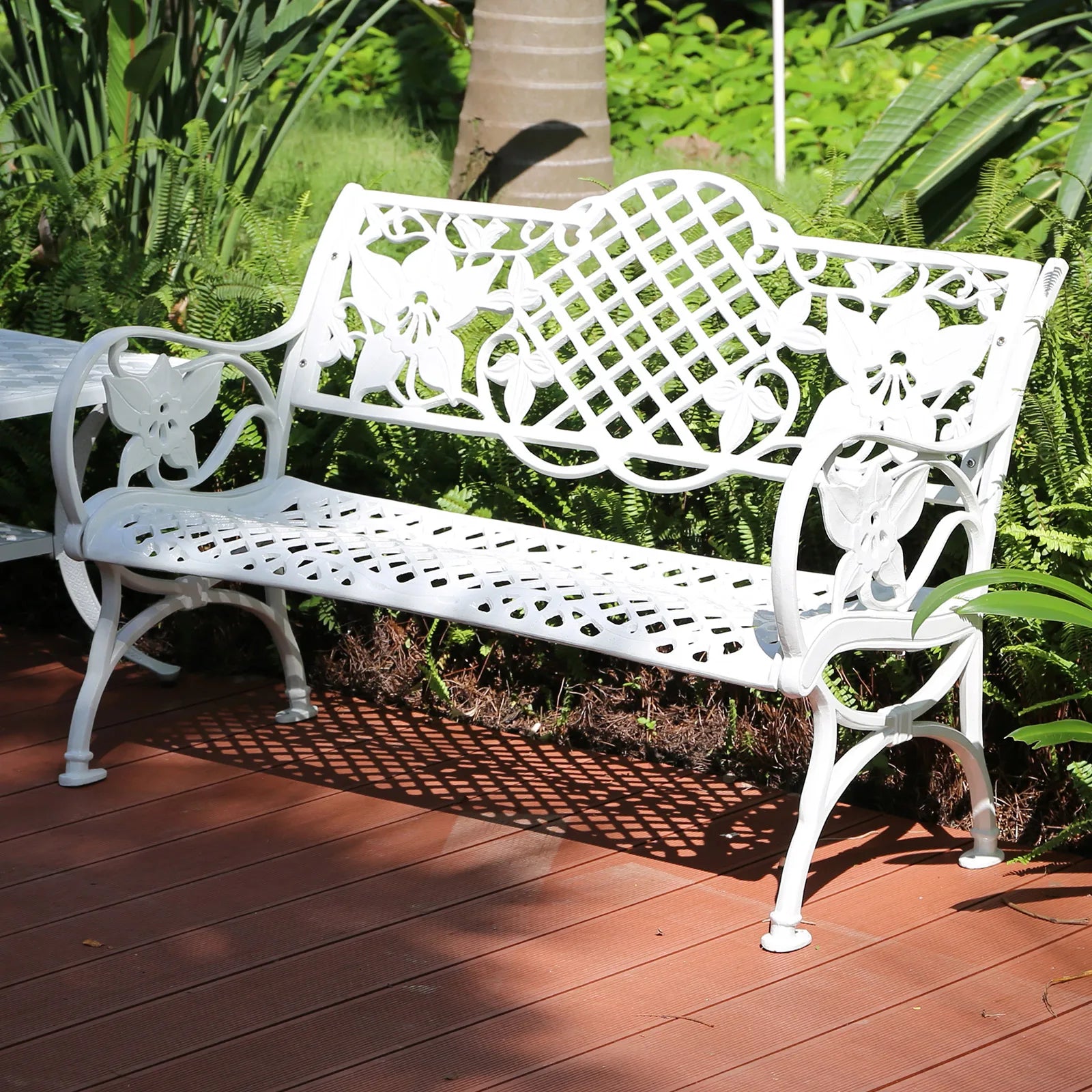 117CM Cast Aluminum Park Bench Chair ﻿All-weather Metal Outdoor Bench Patio Bench with Beautiful Carving Garden Bench