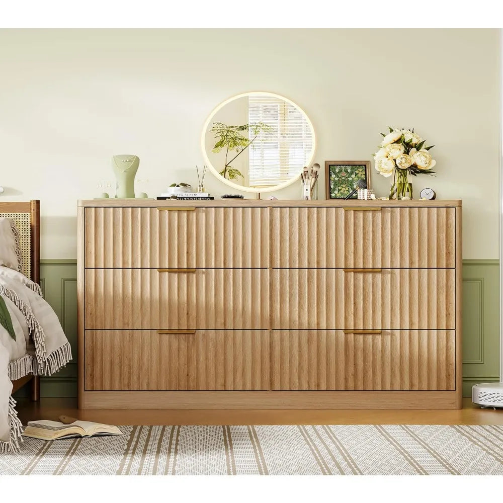 6 Drawer Dresser for Bedroom, Modern Chest of Drawers with Metal Handle, Curved Profile Design, Wood Closet Clothes