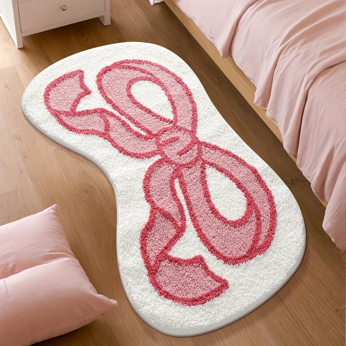 1pc Fluffy Bath Rug, Extra Soft Absorbent Bathroom Mat with Pink Bow Design, Non-Slip Comfortable Tufted Polyester TPR