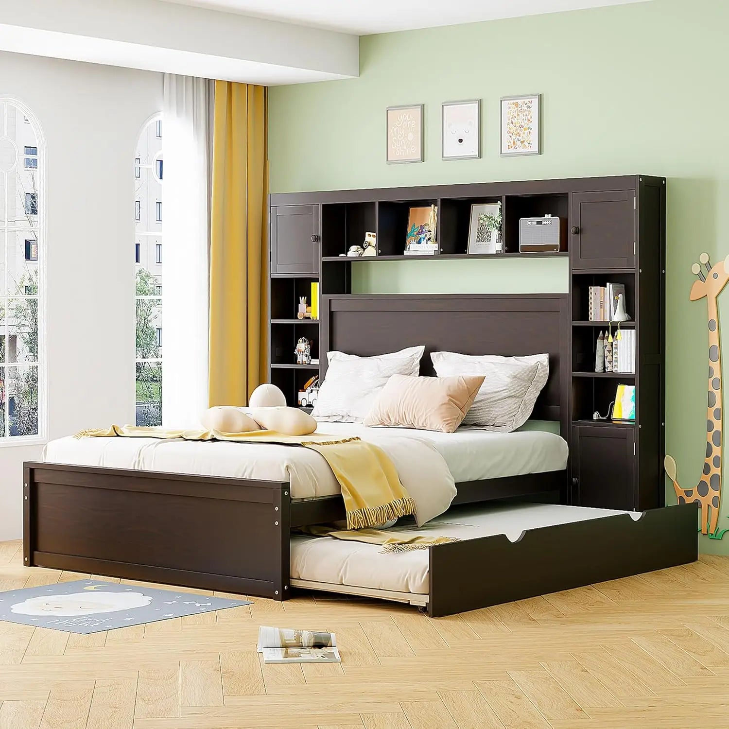 Solid Wood Storage Bed with Bookcase Headboard – Platform Bed with Trundle & 2 Drawers