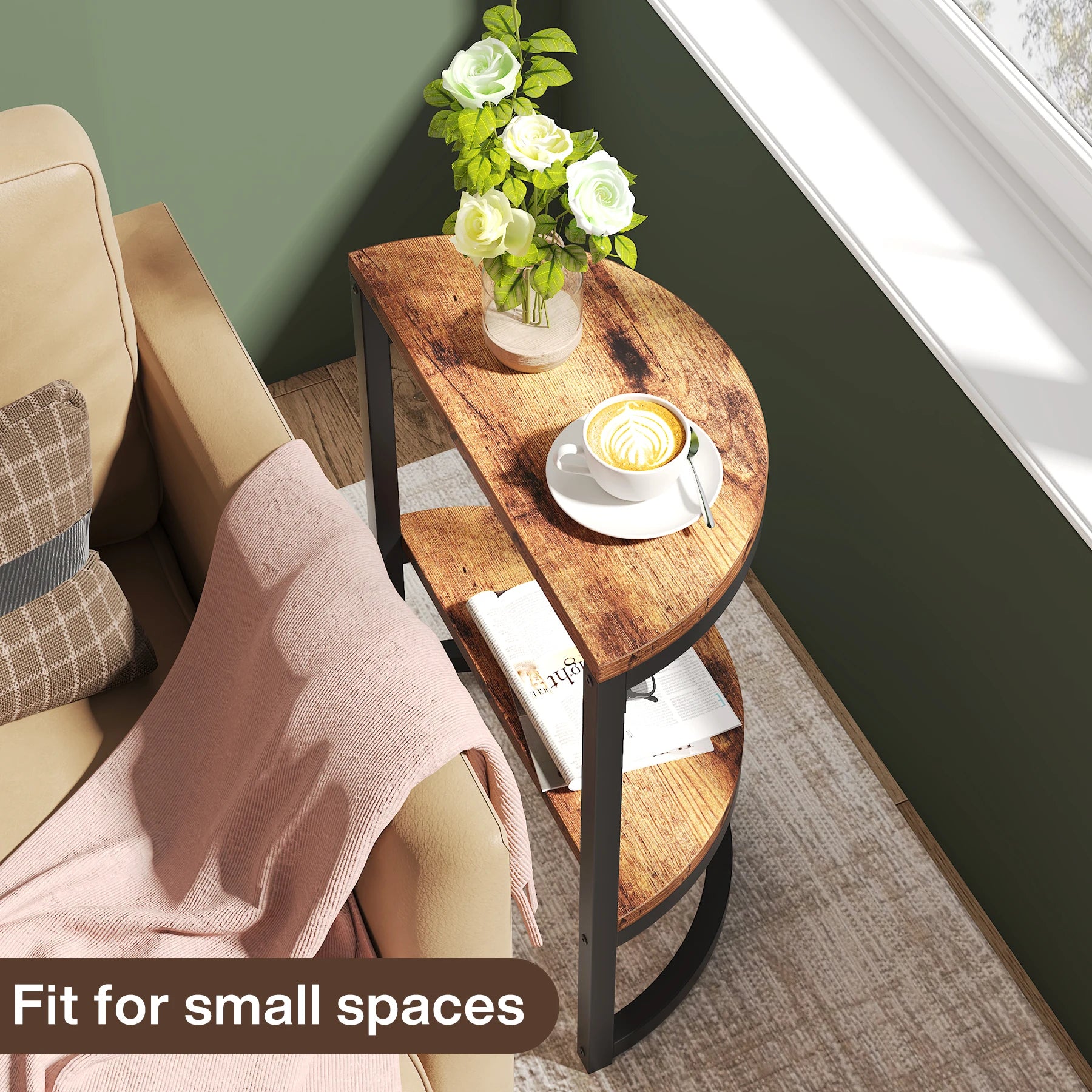 Tribesigns End Table Semi Circle, Small Half Round Side Table with Storage Shelf, Accent Table Slim C Table for Sofa Couch
