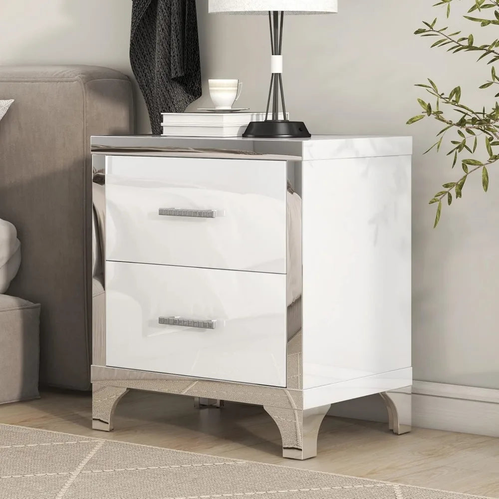 Elegant White High Gloss Nightstand with Two Drawers, Metal Handled Bedside Table for Bedroom and Living Room