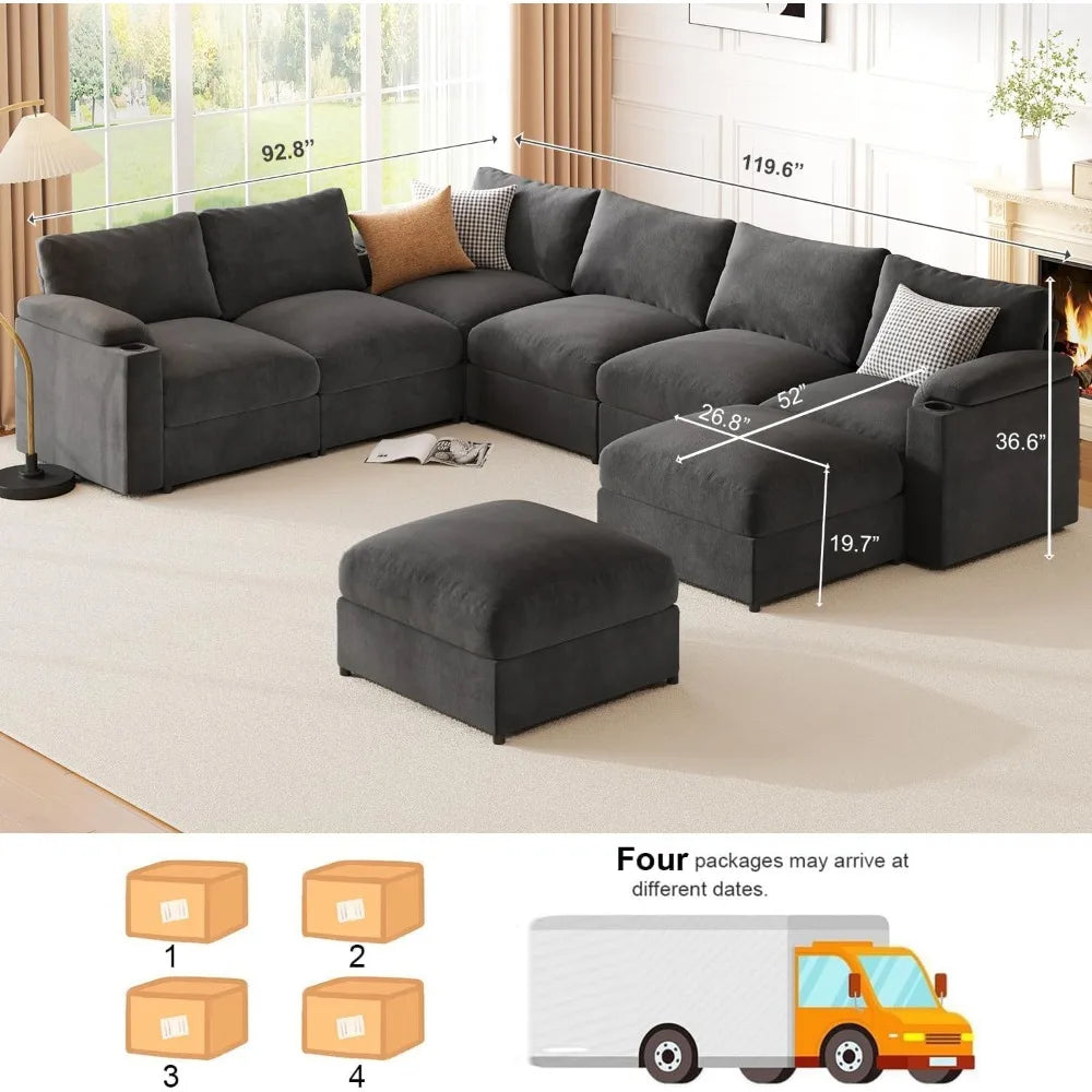 Modular Sectional Sofa Couch for Living Room, Velvet Couches, Oversized U Shaped, Convertible Sleeper, Sofa Chaise, Detachable