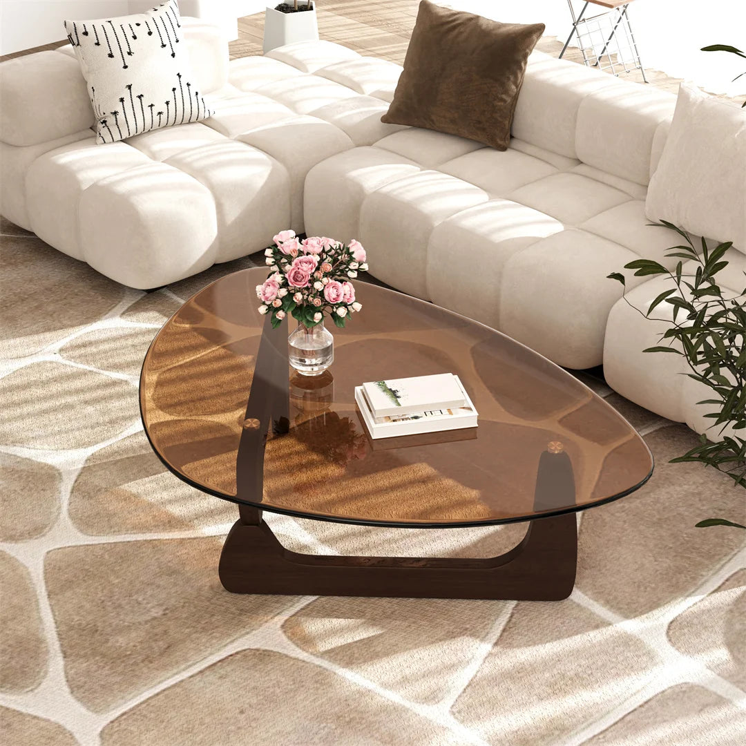 Modern Irregular Accent Coffee Table – Amber-Tinted Tempered Glass Center Table