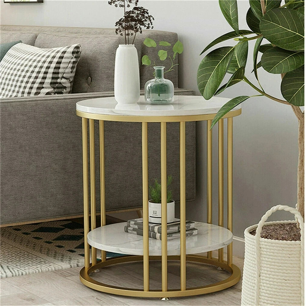 2 Tiers Round Sofa Side Table Sintered Stone Gold Metal Frame End Table Marble Accent Coffee Table Nightstand