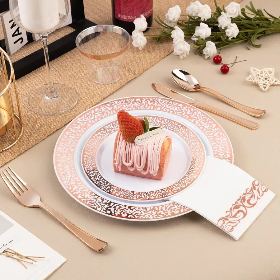 700PCS Rose Gold Plastic Dinnerware Set for 100 Guests Disposable Plates for Party Wedding Include 100 Rose Dinner Plates 100 D