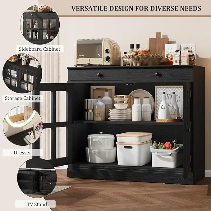 35.4" Oak Sideboard Buffet Cabinet with Glass Door & Drawer & Adjustable Shelf,Modern Storage Buffets & Sideboards for Kitchen