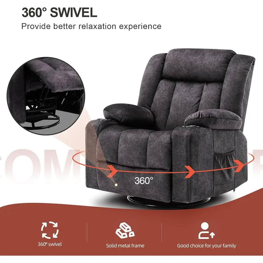 360 Degree Swivel Rocking Recliner Chairs with Cup Holders, Upholstered Fabric for Adults, Manual Recline Single Sofa for Living