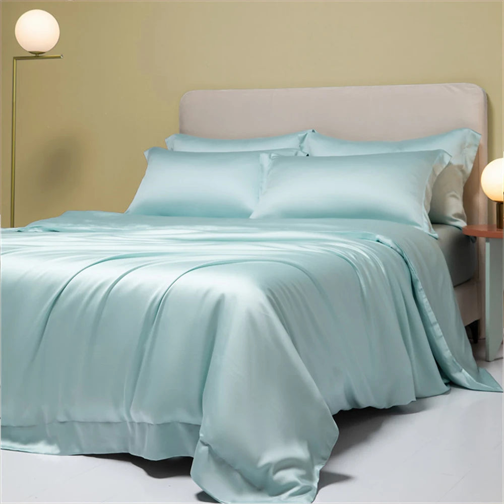 Lofuka Luxury Dark Gray 100% Pure Silk Bedding Set Beauty Double Queen King Quilt Cover Flat Sheet Pillowcase For Healthy Sleep
