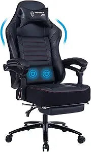 Big & Tall Gaming Chair with Footrest, 400lb Capacity, Massage Feature, Memory Foam, Adjustable Tilt, High Back Leather, Ergono