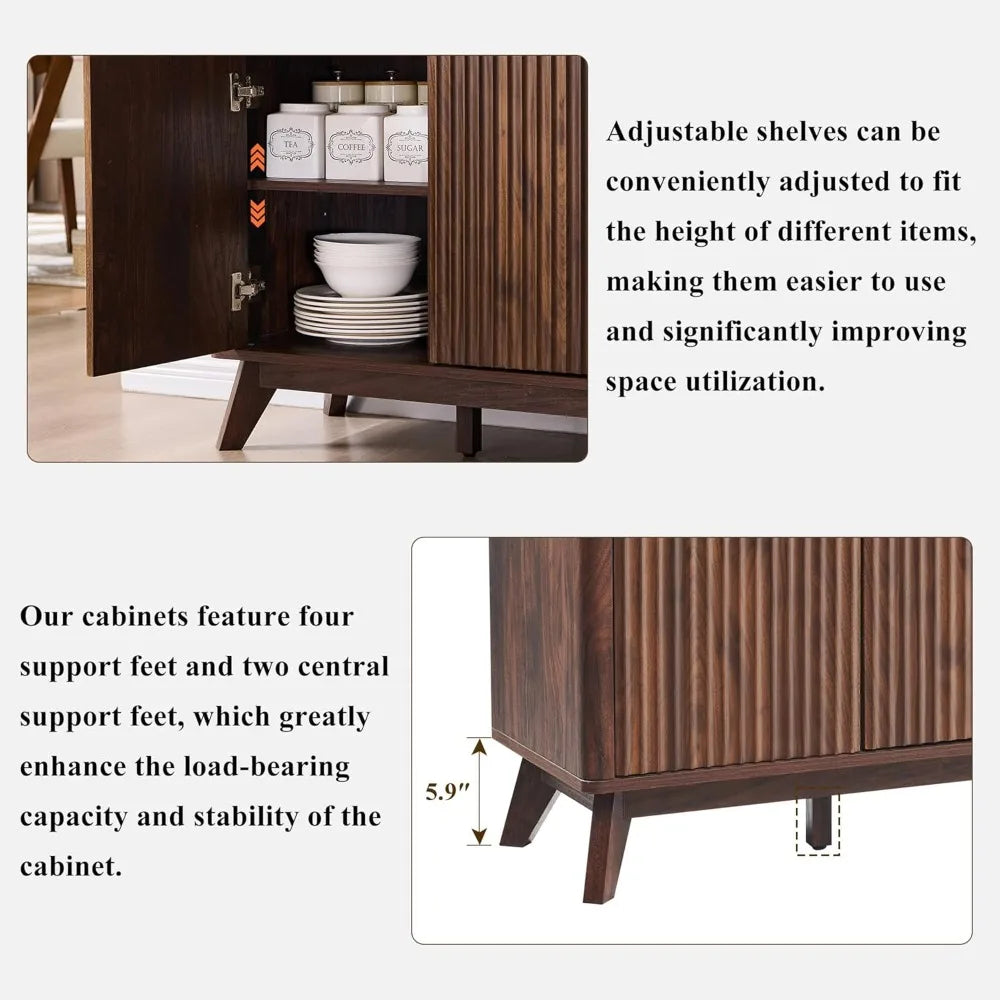 Fluted Buffet Sideboard Cabinet with Storages, 60" Large Modern Buffet Table Coffee Bar Wine Bar Storage Cabinet with 3 Drawers