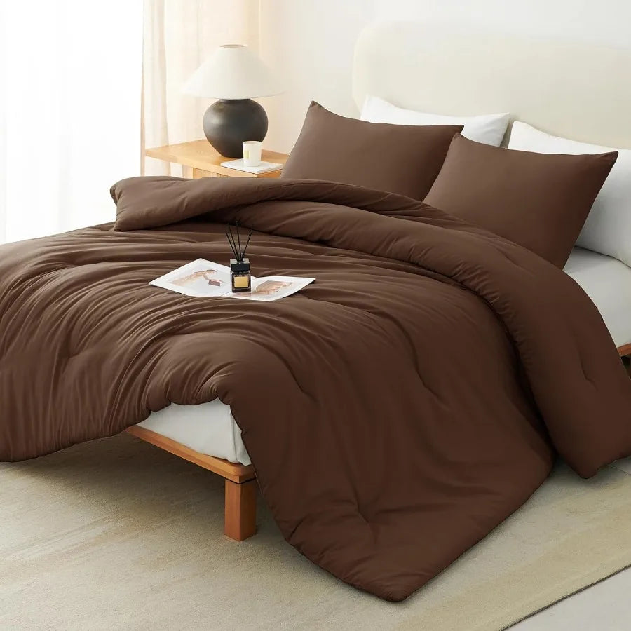 King Size Comforter Set Brown 3 Pieces Solid Comforters King Size Breathable Quilted Style Bedding Set Luxury Soft Bed Set with