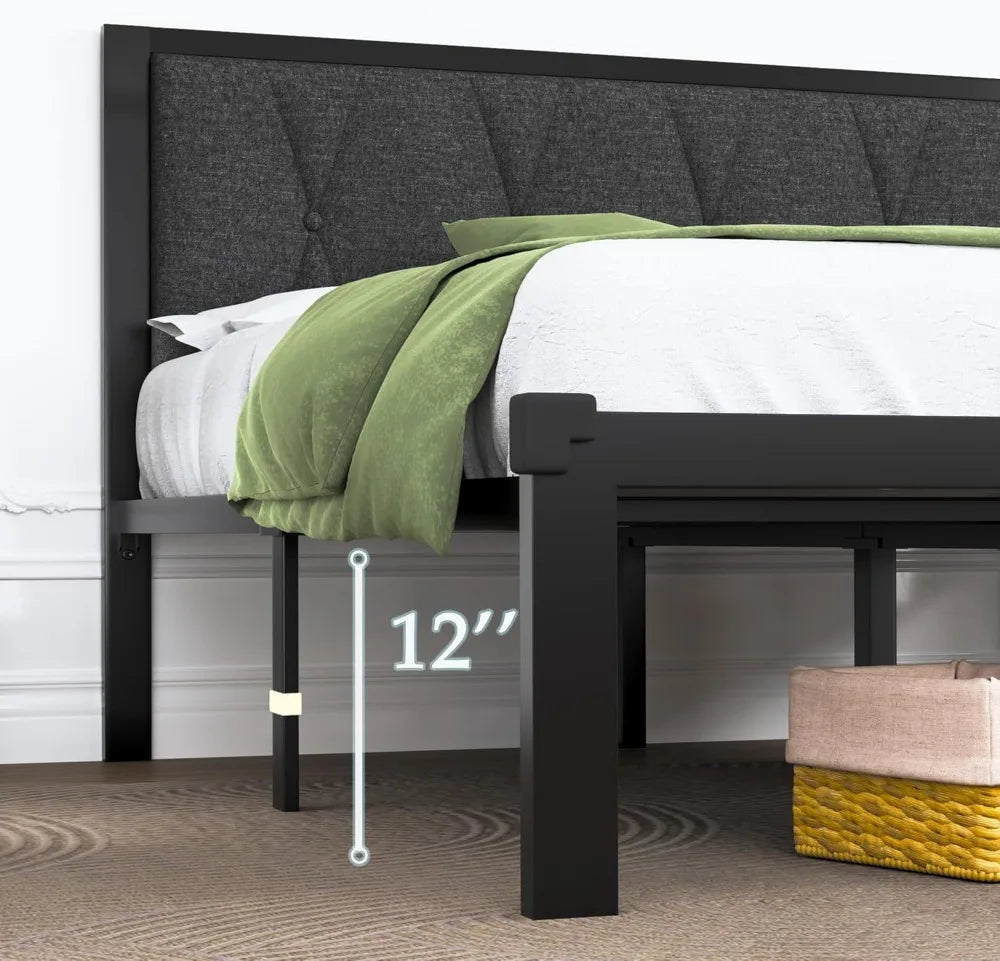 Queen Metal Bed Frame with Fabric Button-Tufted Headboard – 12″ Underbed Storage