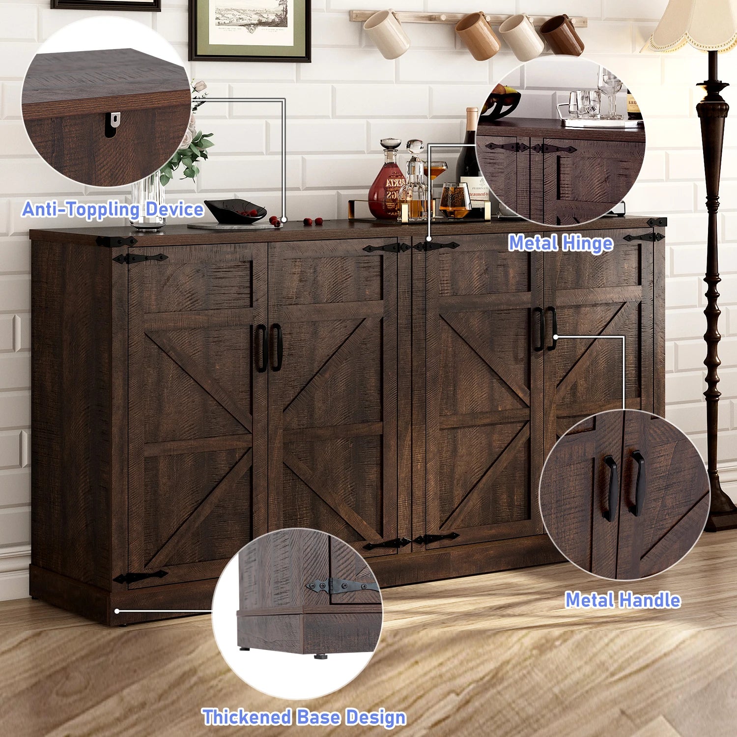 Buffet Cabinet Coffee Bar Cabinet with Drawers & Doors Farmhouse Kitchen Buffet Sideboard Cabinet for Living Room Kitchen