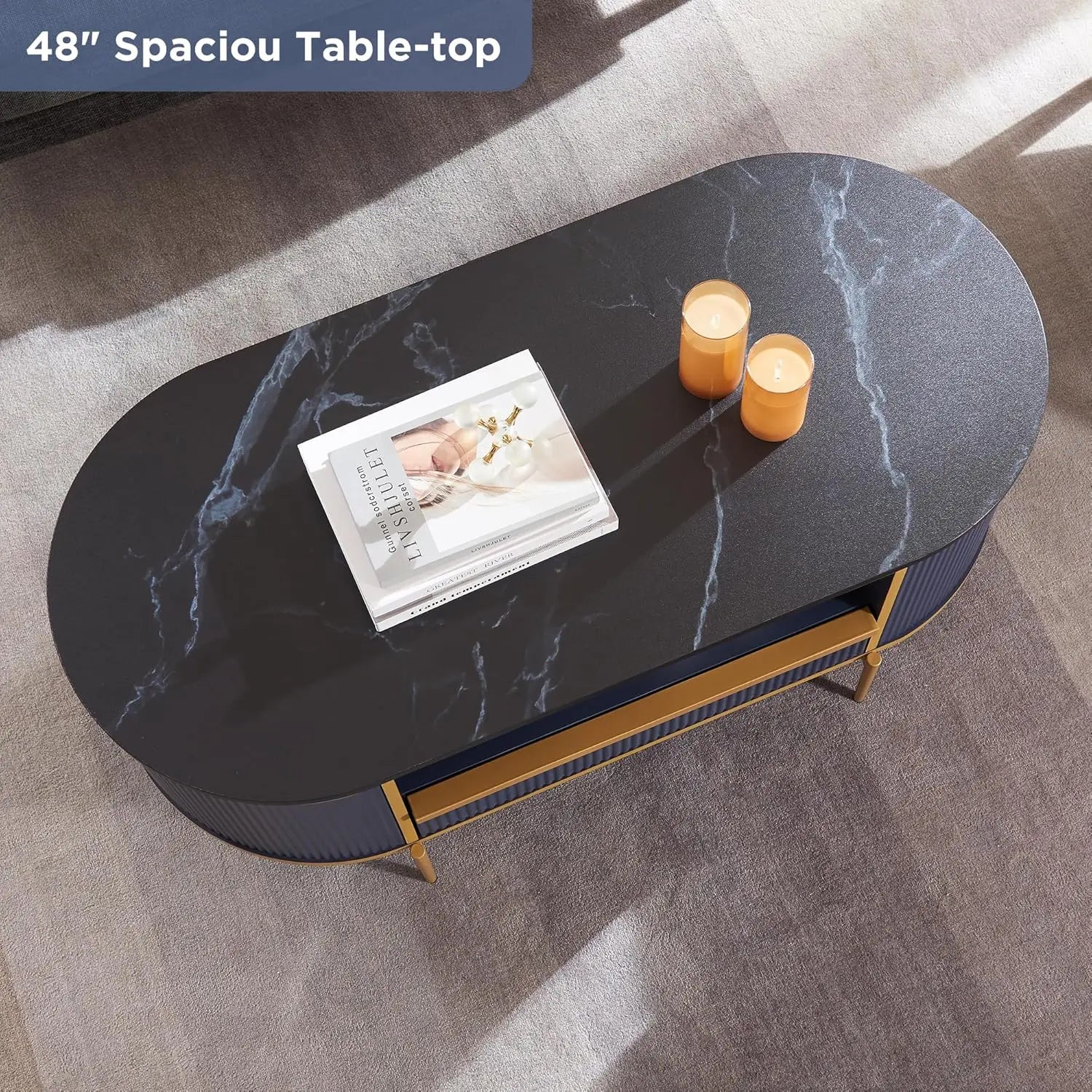 Modern Fluted Oval Coffee Table – 48” Faux Marble Top with Drawer & Gold Accents (Navy Blue)