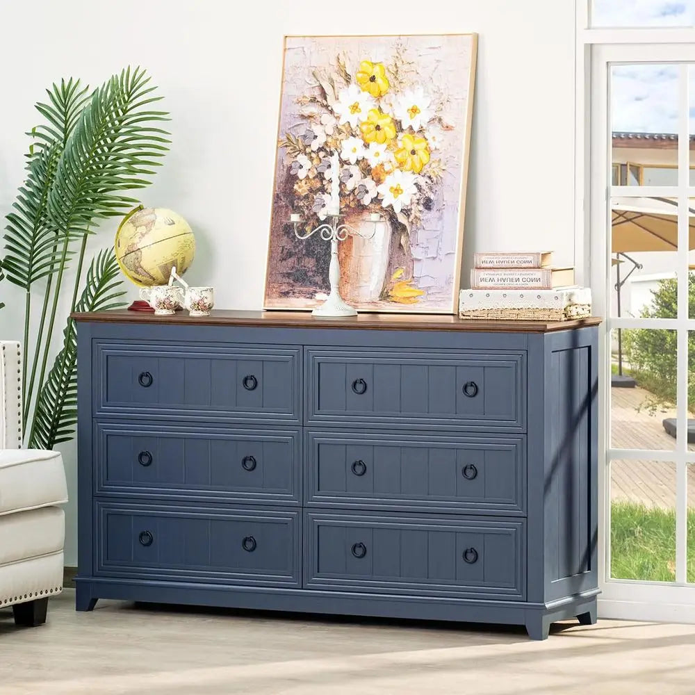 Farmhouse Style 54 Wide 6-Drawer Wood Dresser, Vintage Navy Blue Storage Chest for Bedroom, Living Room, and Hallway