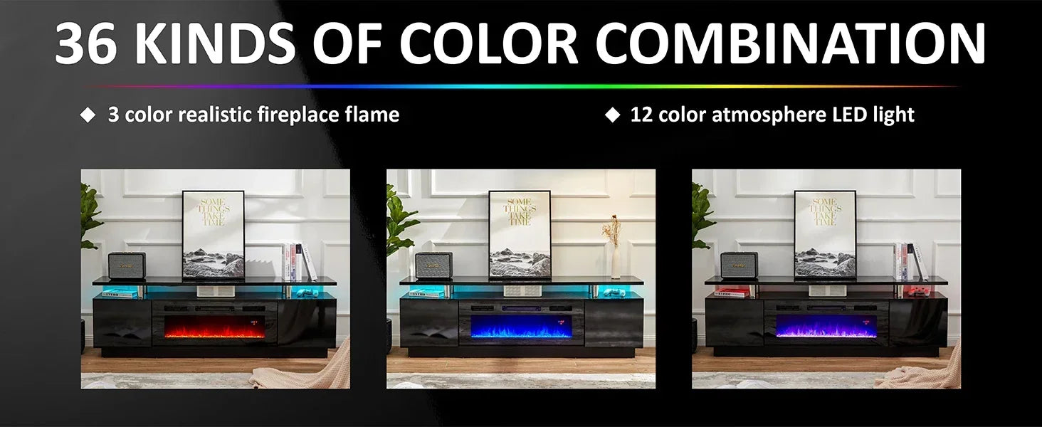 Fireplace TV Stand for 80 "TVs, LED Light, Entertainment Center, 2-Tier Storage", High Gloss, 70"