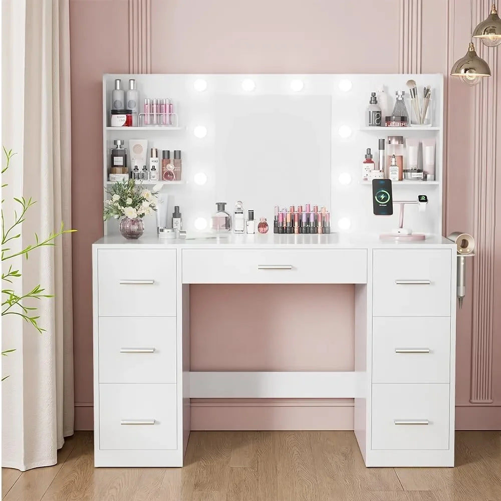 Vanity Desk with Mirror, Power Outlet and 10 Lights, Makeup Table with 7 Drawers, 3 Color Modes Available for Bedroom, Light Wh