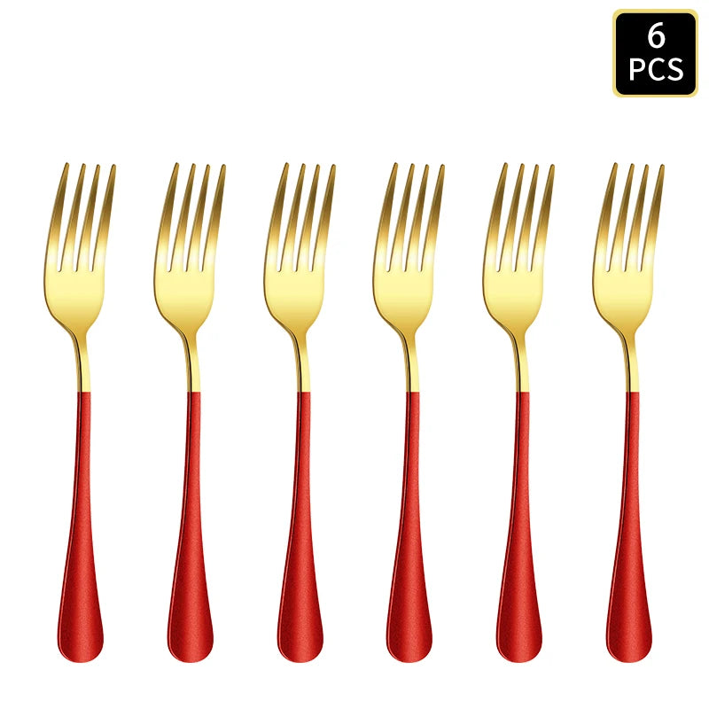 4/6/16/24pcs Gold red stainless steel cutlery 1010 round handle knife, fork and spoon household cutlery set