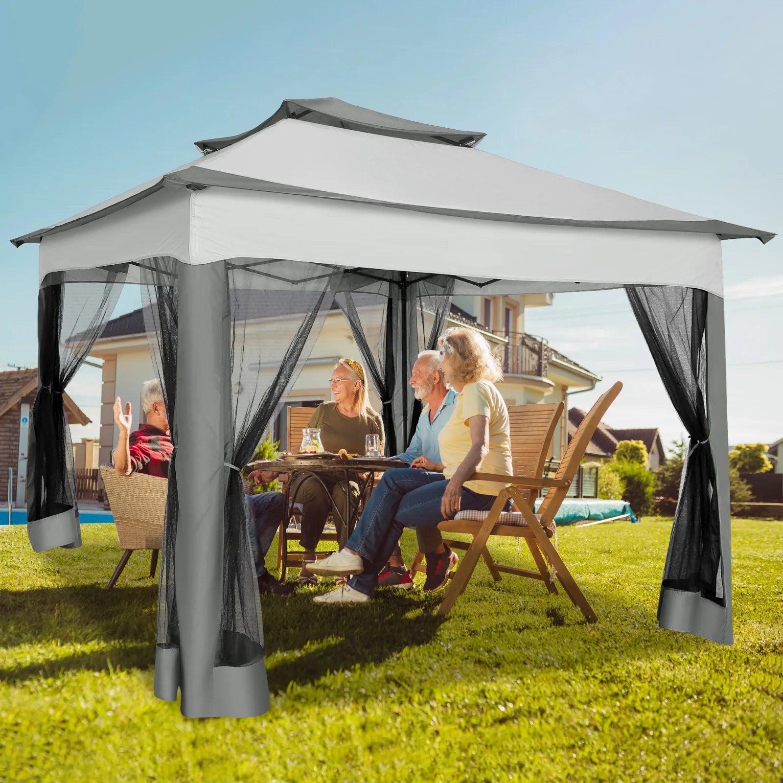 11x11 Pop Up Gazebo One-Push Canopy Tent with Mosquito Nettings, 10x10 Outdoor Canopy Shelter with Double Roof Ventiation